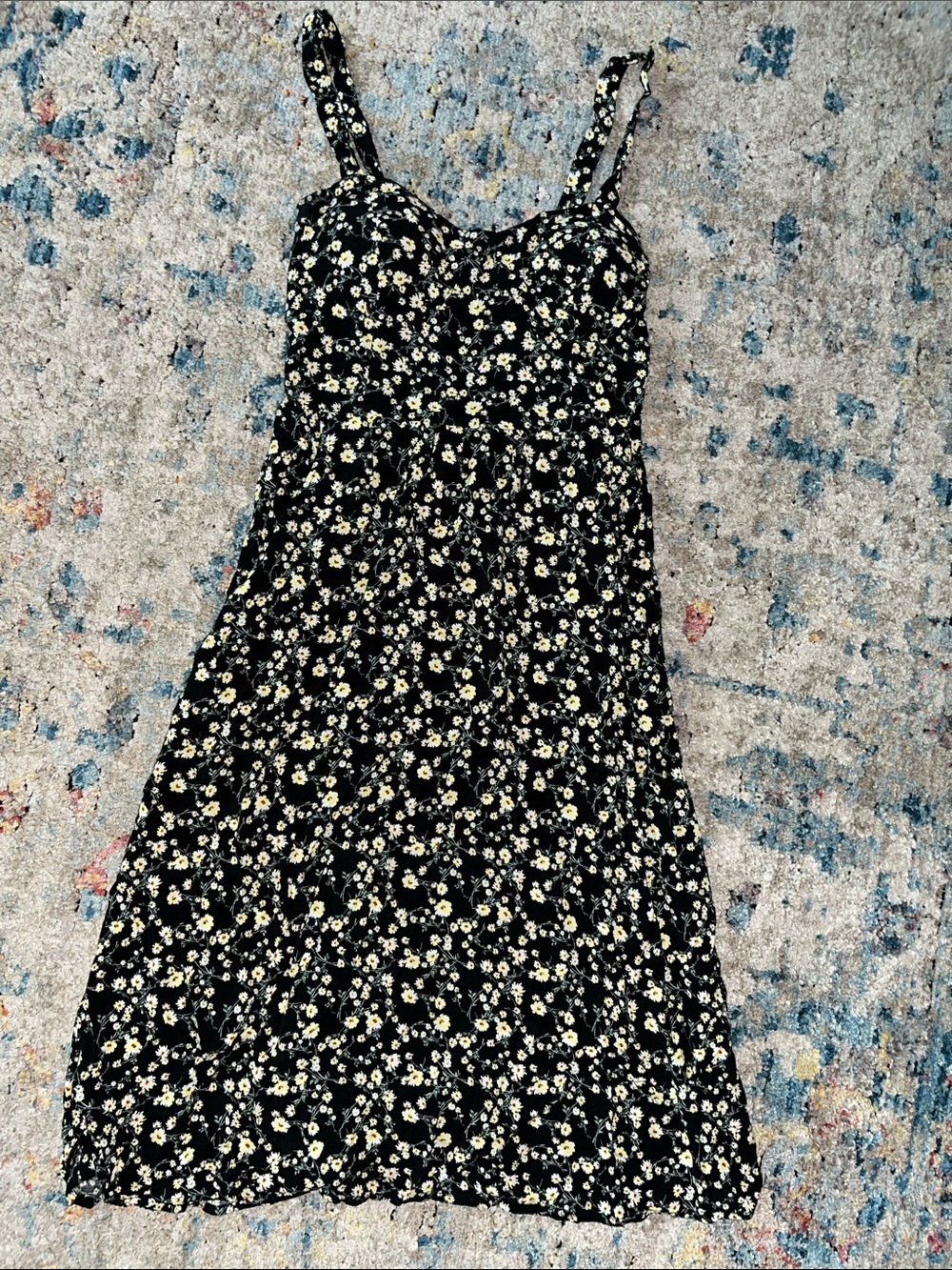 AUW Black Midi Dress with Yellow Daisy Print